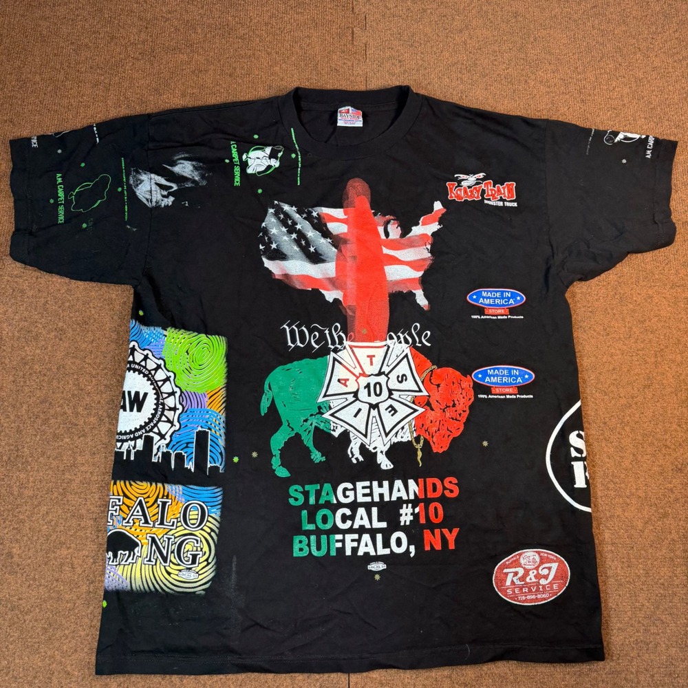 Bayside Stagehands Local 10 Buffalo NY T Shirt Mens 2XL Black Multi Graphic USA